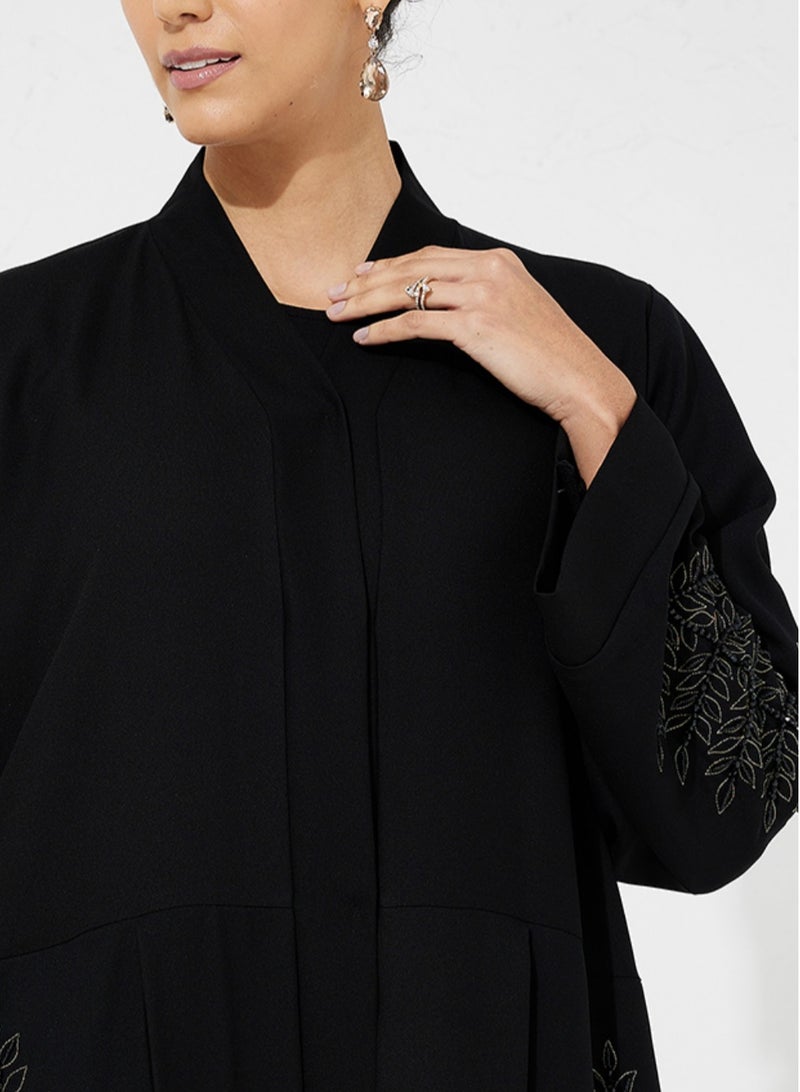 Rosette Abaya Black Open Abaya with Cutting Design & Gold Embroidery Stones (Hand Embroidery) - Image 2