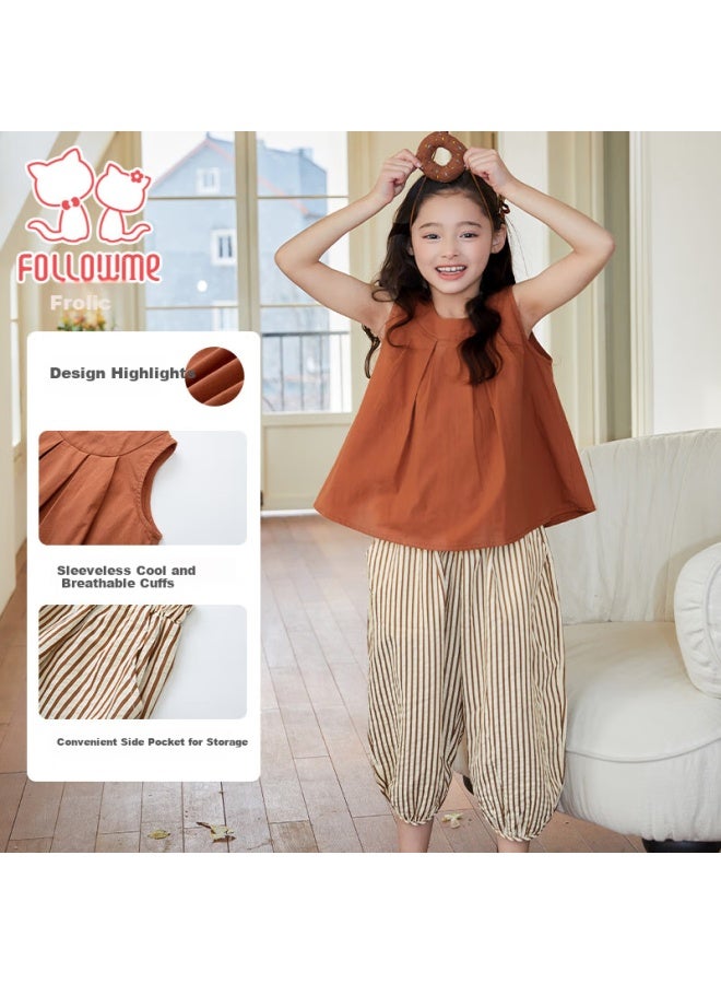 Fulomei Girls' Summer Korean Style Sleeveless Top And Striped Casual Pants Set Caramel Color 150