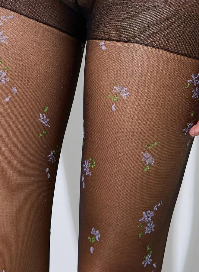 Styli Black Floral Embroidered Sheer Above-Knee Tights