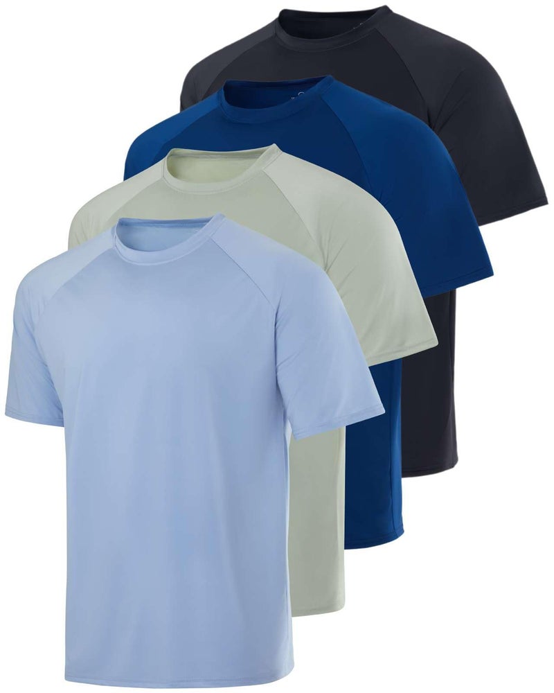 Real Essentials 4 Pack Mens Short Sleeve Rash Guard Shirt Quick Dry UPF 50 Sun Protection Swim Available in Big Tall