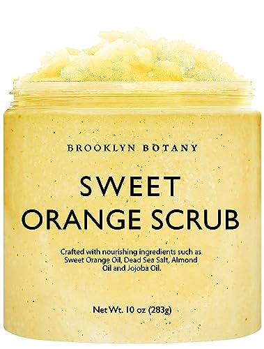 Brooklyn Botany Dead Sea Salt and Sweet Orange Body Scrub  Moisturizing and Exfoliating Body Face Hand Foot Scrub  Fights Stretch Marks Fine Lines Wrinkles  Great Gifts for Women  Men  10 oz