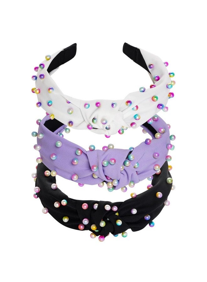 Sucrain 3 Pcs Pearl Knotted Headbands for Women Girls Colorful Jeweled Embellished Gem Faux Pearl Cross Knot Twisted Hairband Turban Headband Hair Accessories(Black,White,Purple) - Image 1