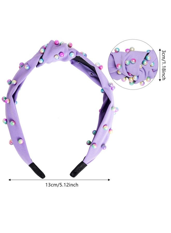 Sucrain 3 Pcs Pearl Knotted Headbands for Women Girls Colorful Jeweled Embellished Gem Faux Pearl Cross Knot Twisted Hairband Turban Headband Hair Accessories(Black,White,Purple) - Image 2