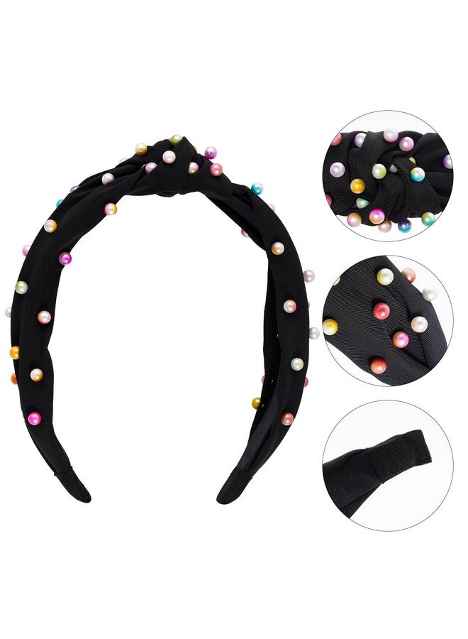 Sucrain 3 Pcs Pearl Knotted Headbands for Women Girls Colorful Jeweled Embellished Gem Faux Pearl Cross Knot Twisted Hairband Turban Headband Hair Accessories(Black,White,Purple) - Image 3