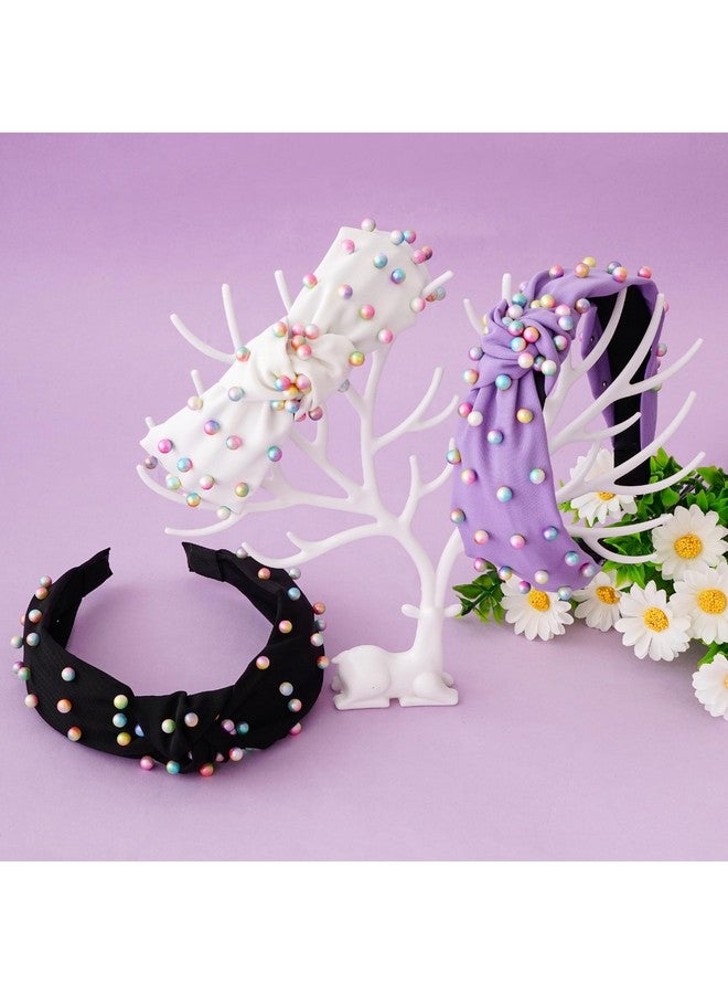 Sucrain 3 Pcs Pearl Knotted Headbands for Women Girls Colorful Jeweled Embellished Gem Faux Pearl Cross Knot Twisted Hairband Turban Headband Hair Accessories(Black,White,Purple) - Image 4