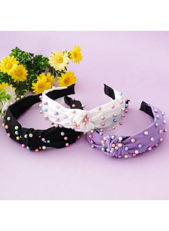 Sucrain 3 Pcs Pearl Knotted Headbands for Women Girls Colorful Jeweled Embellished Gem Faux Pearl Cross Knot Twisted Hairband Turban Headband Hair Accessories(Black,White,Purple) - Image 5