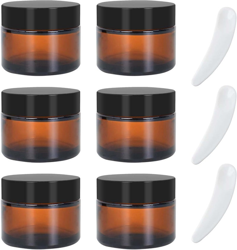 YILANJIN Amber Glass Jars 50ml, Set of 6, Brown Glass Cosmetic Jars, Portable Reusable Containers with Inner Liners and Black Lids for Makeup, Creams, Lotions, Travel and Storage - Image 1