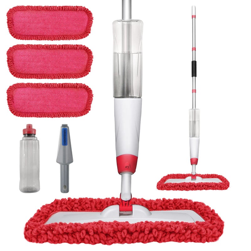 Spray Mops for Floor Cleaning Microfiber Spray Cleaning Mop Kit with 3 Reusable Washable Pads 700ML Refillable Bottle and Scrubber Flat Mop with 360 Degree Swivel Head for Hardwood Laminate Red