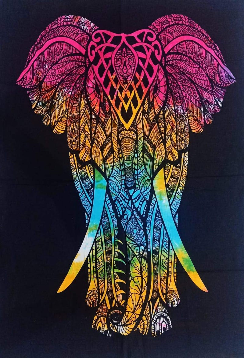 Doraya Psychedelic Elephant Front Tie Dye Mandala Tapestry Hippie Hippy Celestial Wall Hanging Indian Bohemian Tapestries Multicolour 1 Twin 54x84 Inches - Image 1
