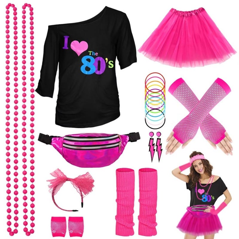 WILDPARTY 80s Costume Accessories for Women, T-Shirt Tutu Fanny Pack Headband Earring Necklace Fishnet Gloves Legwarmers 80s Party Halloween Outfit for Women 24PCS (Pink-Love S) - Image 3