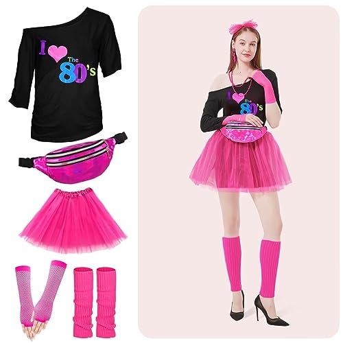 WILDPARTY 80s Costume Accessories for Women, T-Shirt Tutu Fanny Pack Headband Earring Necklace Fishnet Gloves Legwarmers 80s Party Halloween Outfit for Women 24PCS (Pink-Love S) - Image 5