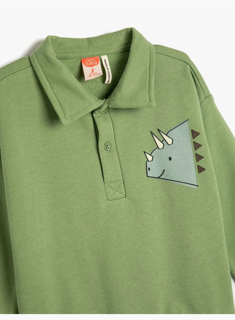 KOTON Polo Neck Sweat Buttoned Long Sleeve Dinosaurs Printed Brushed Interior Cotton