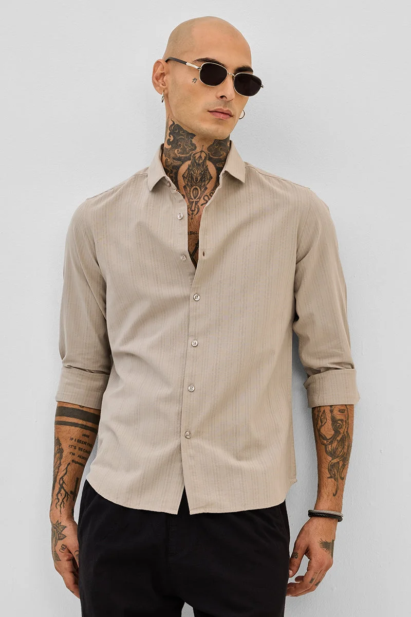 SNITCH Beige Striped Long Sleeve Slim Fit Casual Shirt