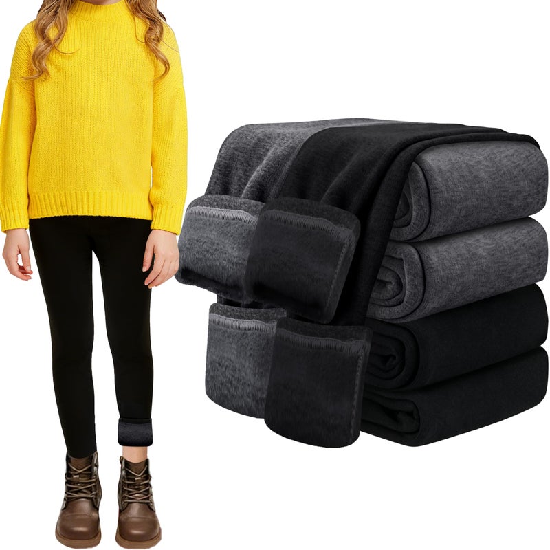 FEQO 2 Pack Girls Fleece Lined Leggings Thick Thermal Tights Full Length Pants Kids Winter Warm Leggings, 10-12 Years (Black, Dark Gray) - Image 1