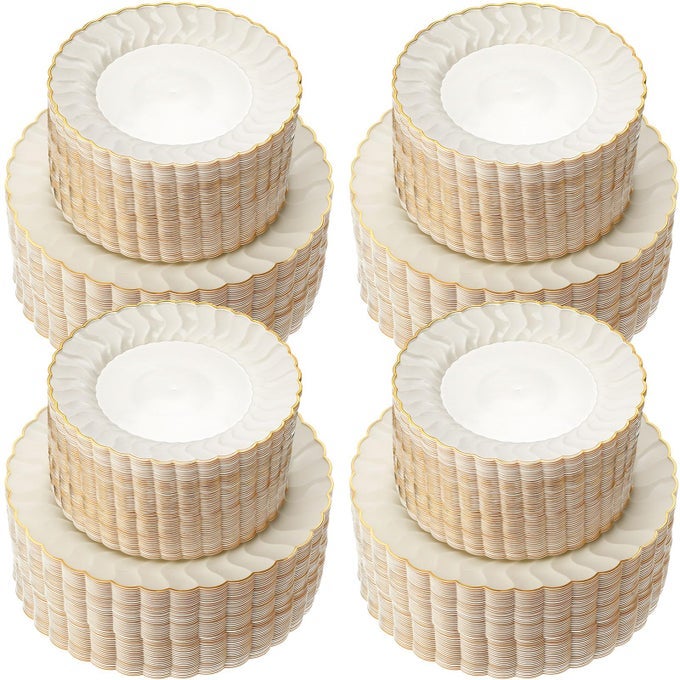 IVORY PLASTIC PLATES WITH GOLD RIM HEAVY DUTY DISPOSABLE PLATES FOR DESSERT APPETIZER HOLIDAY WEDDING PARTY120 PCS
