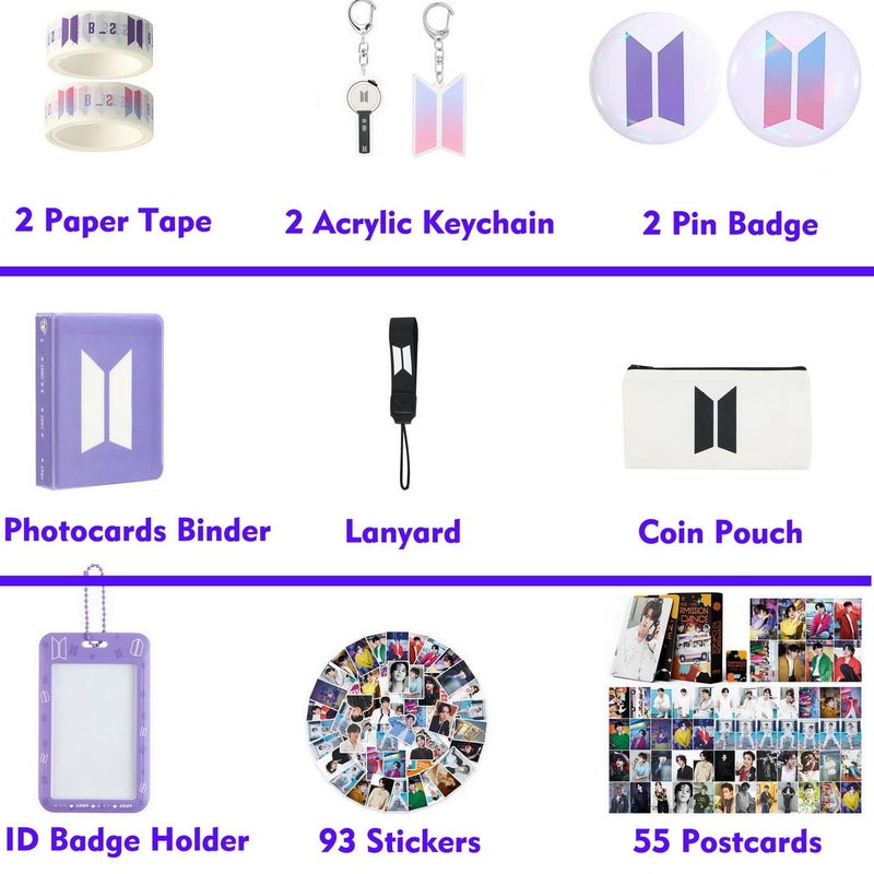 YANENG Army Fans Gifts Set Merch, Including 55 Postcards, 93 Stickers, 2 Keychain, 2 Pin Badge, 2 Paper Tape,Photocards Binder, ID Badge Holder, Lanyard and Coin Pouch - Image 2