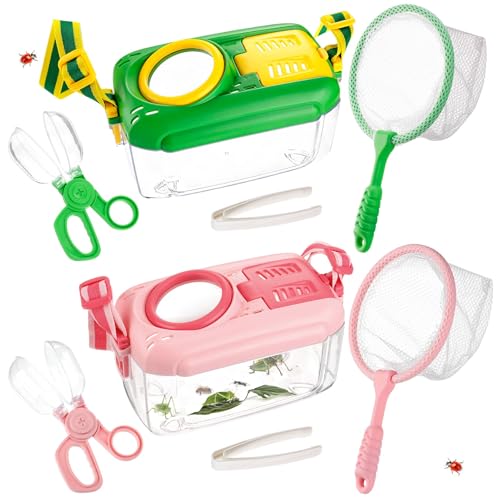 Big Gun 2 Set Bug Catcher for Kids Educational Bug Catching Kit Including Butterfly Net Insect Clip Tweezer Outdoor Toys for Kids Ages 310 Pink Green - Image 1