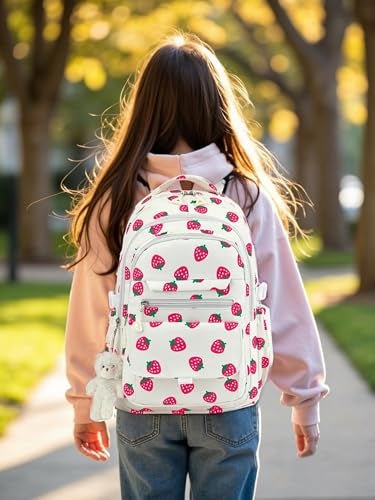 PRLINJSK Girls Backpack for College High Middle School Student Cute Aesthetic Bookbag for Teens Women with Accessories Beige Strawberry - Image 3