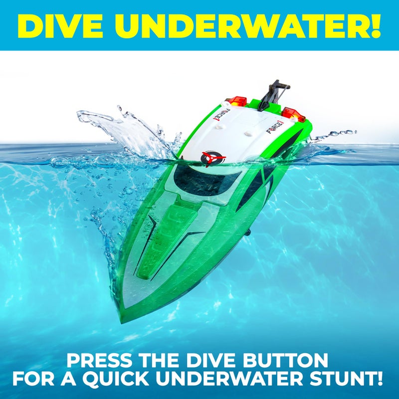 Force1 Velocity Green Fast RC Boat- Remote Control Boats for Adults and Kids, Underwater Speed Racing Mini RC Toy for Pools and Lakes, 2.4GHZ Transmitter, 2 Rechargeable Batteries, Low Battery Alert - Image 3