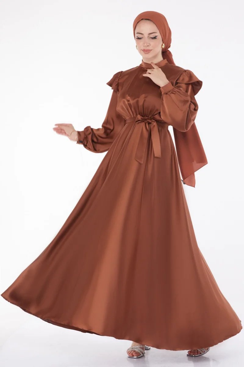 Tofisa Plain Judge Collar Women's Brown Princess Sleeve Evening Dress - 24887