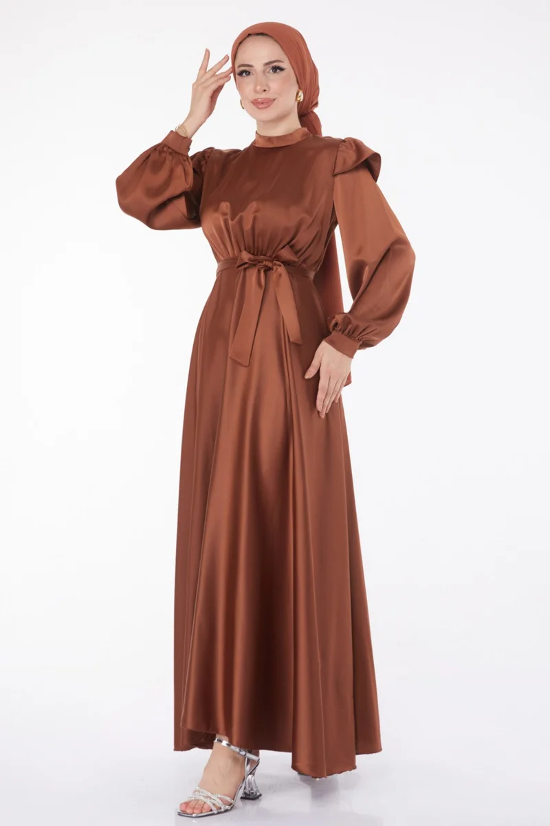 Tofisa Plain Judge Collar Women's Brown Princess Sleeve Evening Dress - 24887