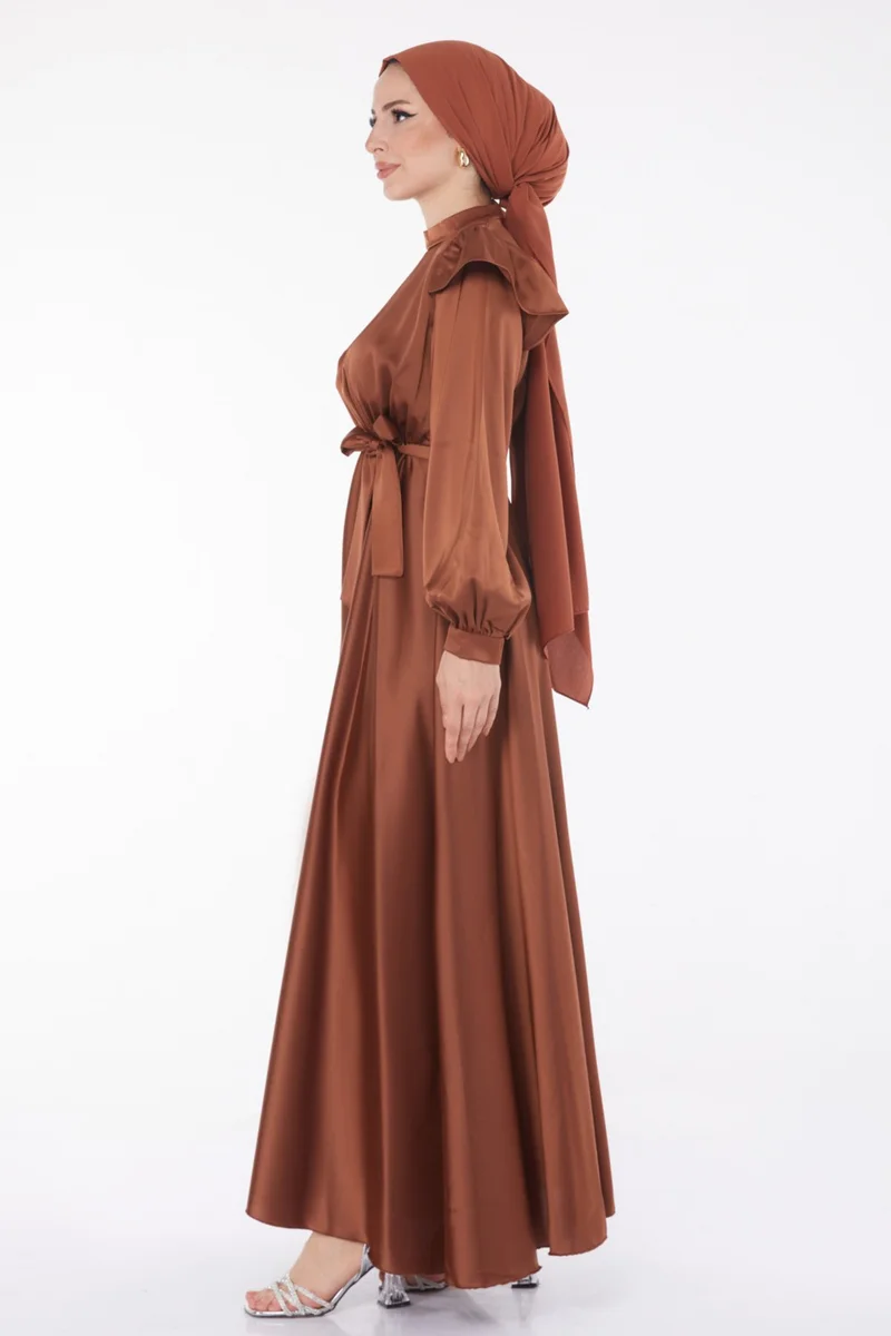 Tofisa Plain Judge Collar Women's Brown Princess Sleeve Evening Dress - 24887