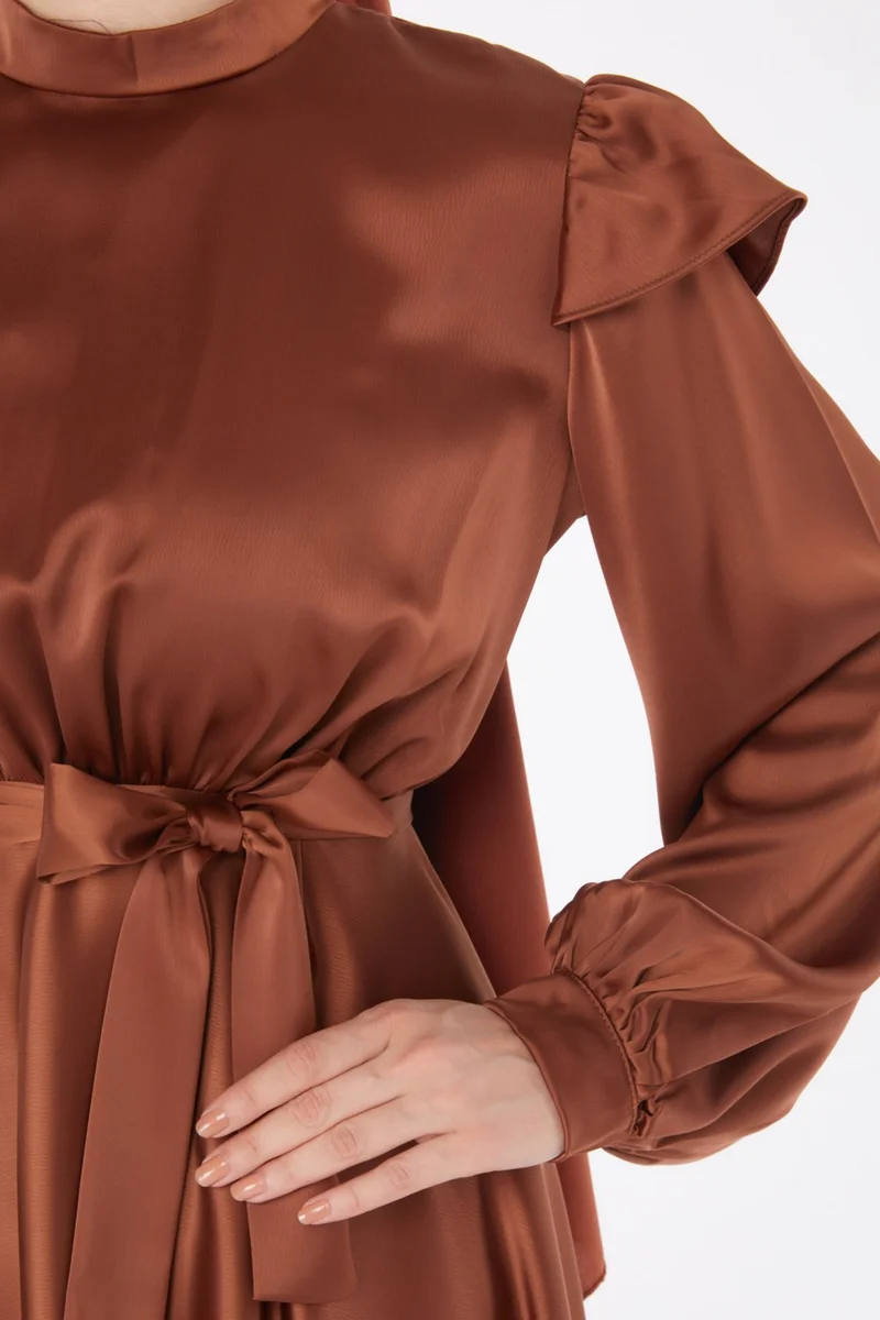 Tofisa Plain Judge Collar Women's Brown Princess Sleeve Evening Dress - 24887