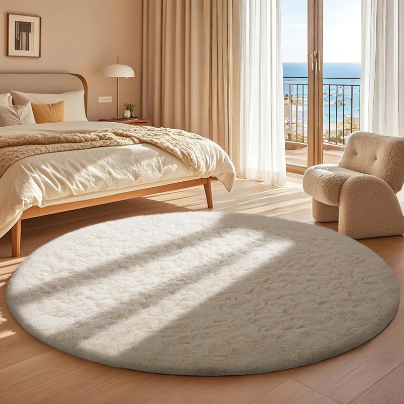 Ophanie Round Rugs 5Ft Ivory Circle Area Rug, Nursery Room Decor, Christmas Aesthetic Bedroom Home Circular Carpet 5 Foot, Fluffy Fuzzy Shag Plush Cream Living Room Rugs for Kids Boys Girls Teen Baby - Image 5