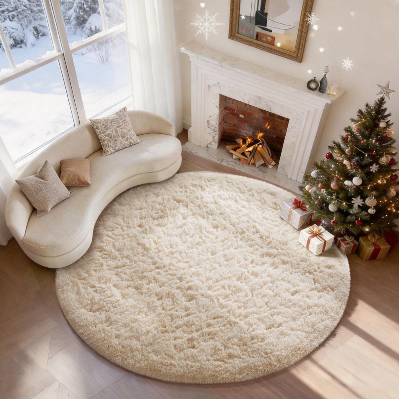 Ophanie Round Rugs 5Ft Ivory Circle Area Rug, Nursery Room Decor, Christmas Aesthetic Bedroom Home Circular Carpet 5 Foot, Fluffy Fuzzy Shag Plush Cream Living Room Rugs for Kids Boys Girls Teen Baby - Image 1