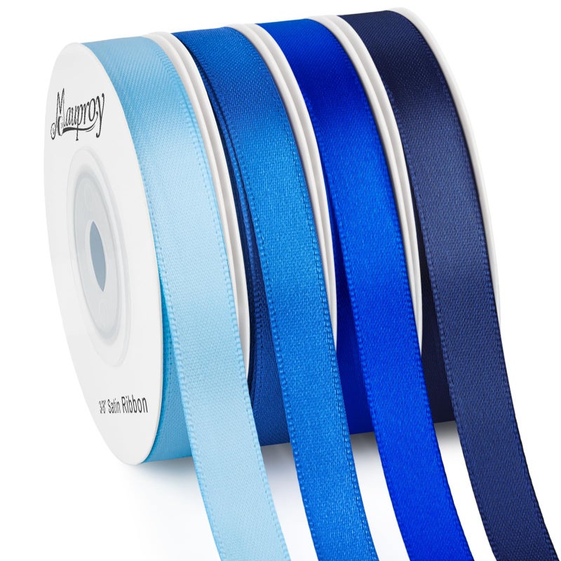 Mauproy 3/8 Inch Blue Satin Ribbon, 4 Rolls Total 40 Yards, Double Faced Mixed Blue Thin Ribbon for Gift Wrapping, Flower Bouquets, Crafts, Wedding Decorations - Image 1