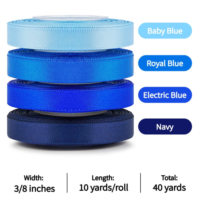 Mauproy 3/8 Inch Blue Satin Ribbon, 4 Rolls Total 40 Yards, Double Faced Mixed Blue Thin Ribbon for Gift Wrapping, Flower Bouquets, Crafts, Wedding Decorations - Image 2