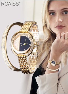 roaiss 2 Pcs Quartz Watch Set for Women Elegant Round Quartz Wristwatch with Titanium Steel Bracelet Set Shining and Beautiful Watches as Gift for Ladies Gold  - Image 2