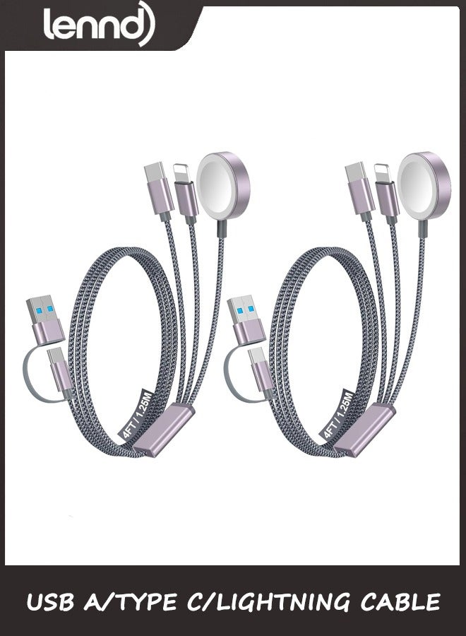 LENND 2Pack Multi Fast Charging Cable for Apple Watch Charger,iPhone Charger,[ 3-in-2 Travel Essentials] USB A/Type C/Lightning Cable for iWatch Ultra/SE/10-2,iPhone 16-11,Galaxy S25-21,iPad-4FT - Image 1