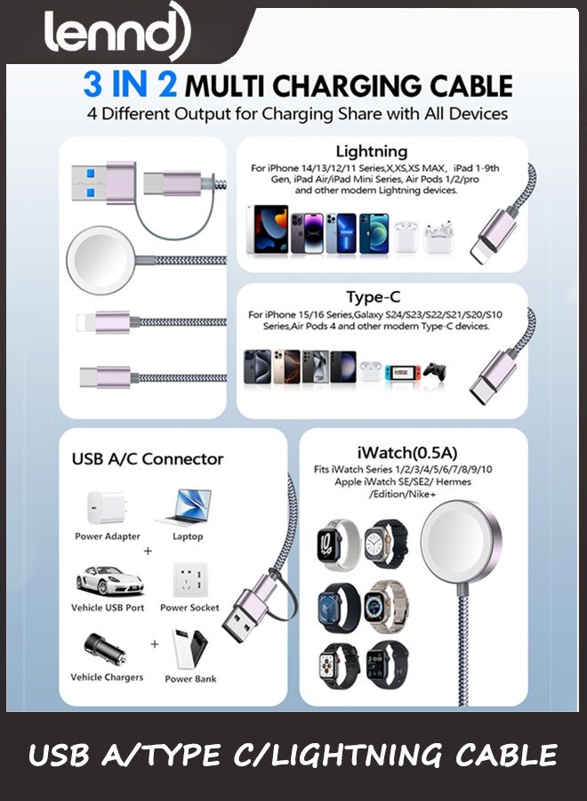 LENND 2Pack Multi Fast Charging Cable for Apple Watch Charger,iPhone Charger,[ 3-in-2 Travel Essentials] USB A/Type C/Lightning Cable for iWatch Ultra/SE/10-2,iPhone 16-11,Galaxy S25-21,iPad-4FT - Image 2