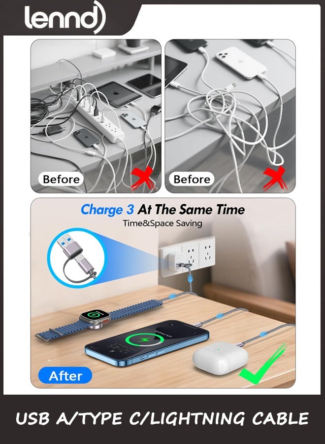 LENND 2Pack Multi Fast Charging Cable for Apple Watch Charger,iPhone Charger,[ 3-in-2 Travel Essentials] USB A/Type C/Lightning Cable for iWatch Ultra/SE/10-2,iPhone 16-11,Galaxy S25-21,iPad-4FT - Image 5