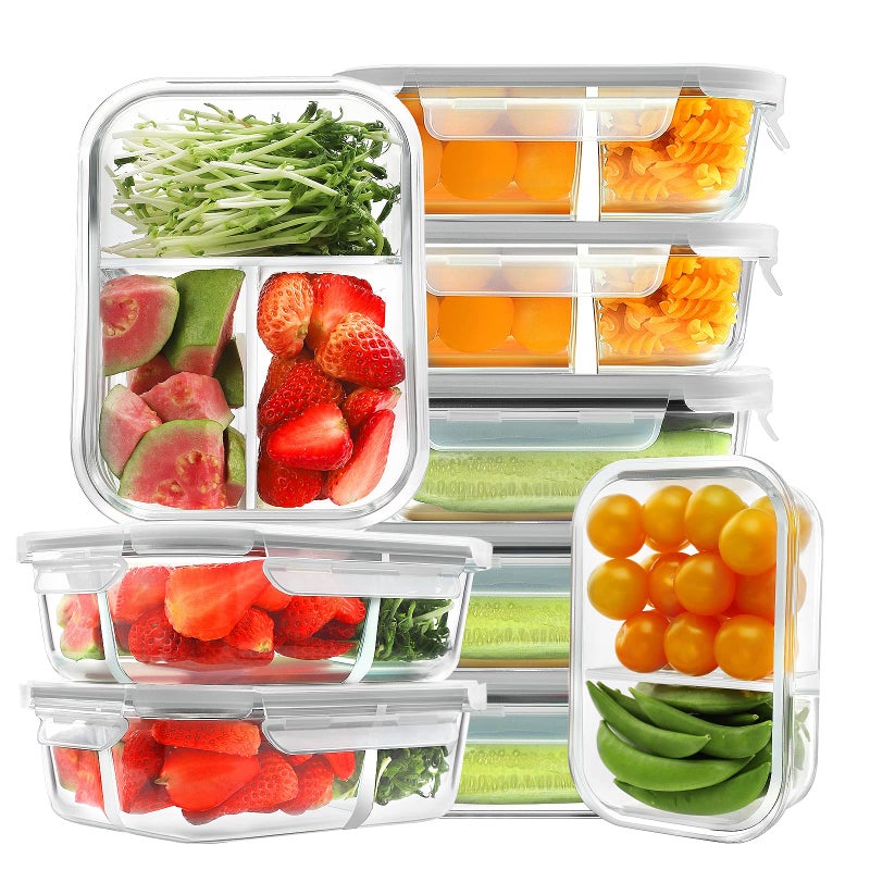 HOMBERKING 9 Pack Glass Meal Prep Containers 3 2 1 Compartment Glass Food Storage Containers with Lids Airtight Glass Lunch Bento Boxes BPAFree Leak Proof 9 lids 9 Containers Grey