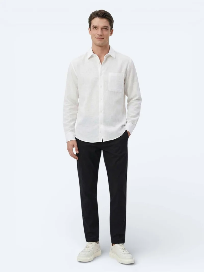 Kip White Plain Oversize Fit Long Weaving Casual Shirt