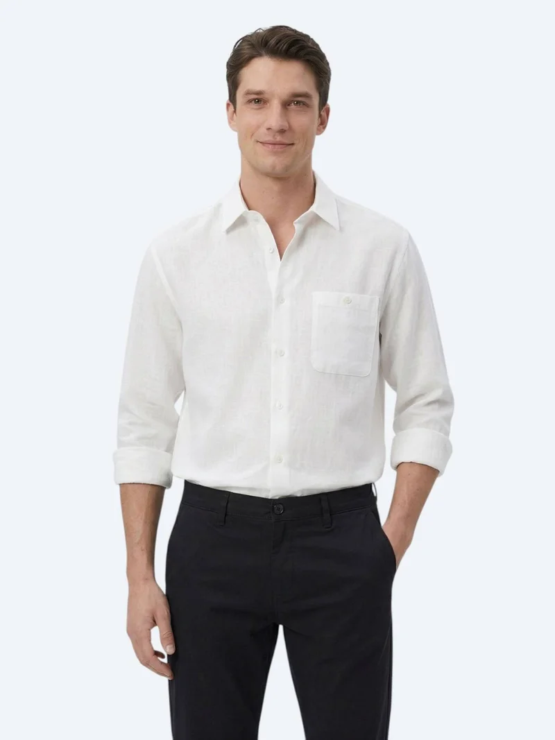 Kip White Plain Oversize Fit Long Weaving Casual Shirt