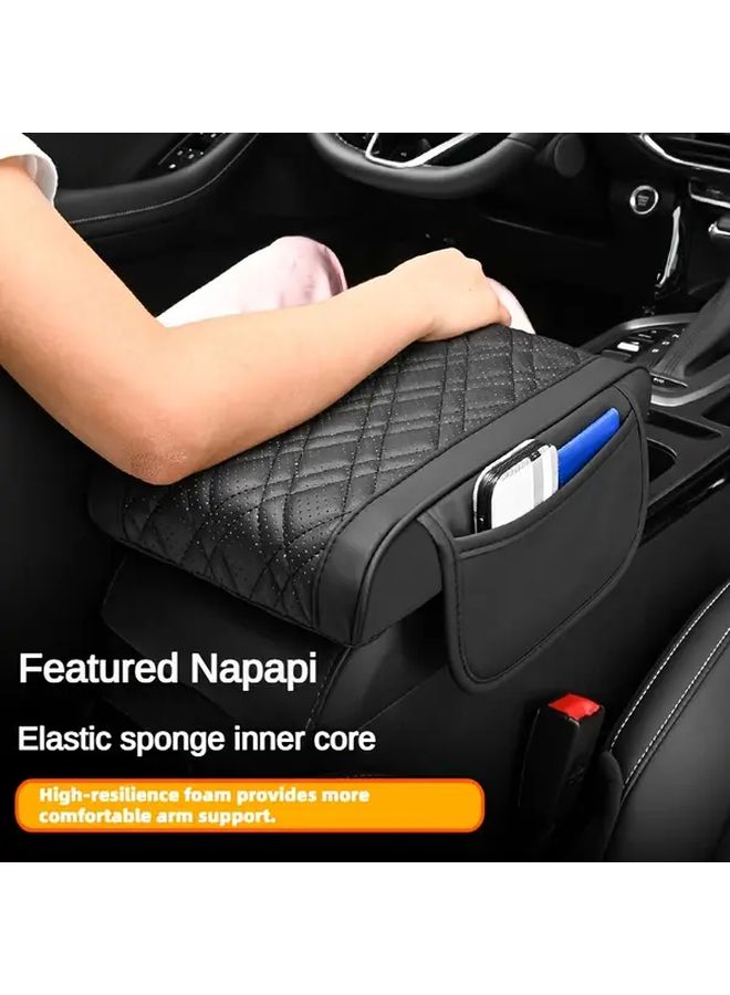 Quilted Car Armrest Cushion with Phone Holder Black Red Edge Adjustable Height Ergonomic Support - Image 4