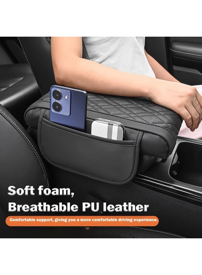 Quilted Car Armrest Cushion with Phone Holder Black Red Edge Adjustable Height Ergonomic Support - Image 1