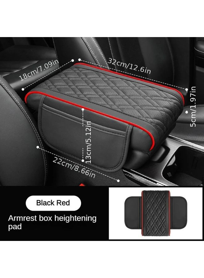 Quilted Car Armrest Cushion with Phone Holder Black Red Edge Adjustable Height Ergonomic Support - Image 5