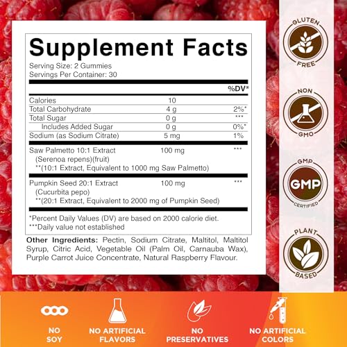 Vitamatic فيتاميناتيك 2 عبوات من حلوى بذور اليقطين الخالية من السكر 3000 ملغ لكل حصة من 201 و 101 مستخلص 200 ملغ مصنوعة من بالميتو ساو بنكهة التوت الطبيعي 60 حبة - Image 5