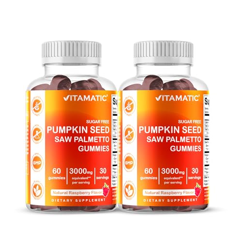 Vitamatic فيتاميناتيك 2 عبوات من حلوى بذور اليقطين الخالية من السكر 3000 ملغ لكل حصة من 201 و 101 مستخلص 200 ملغ مصنوعة من بالميتو ساو بنكهة التوت الطبيعي 60 حبة - Image 2