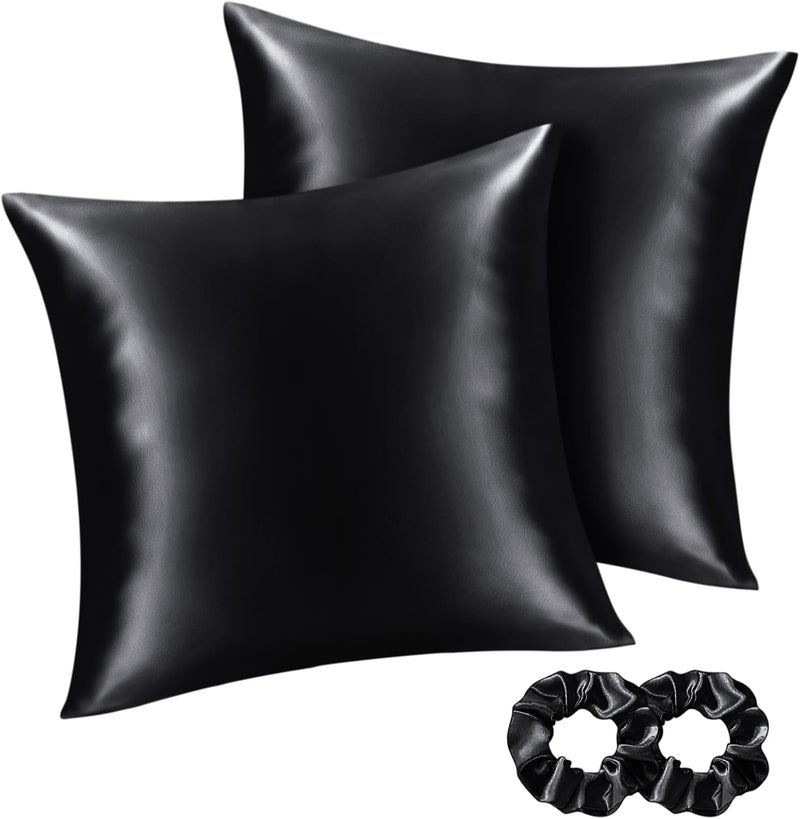 BEDELITE Satin Cushion Cover, Set of 2, 80 x 80 cm, Black | Silk Pillowcase Alternative, Soft for Summer, 2 Hair Bobbles Included, for Hair and Skin - Image 1