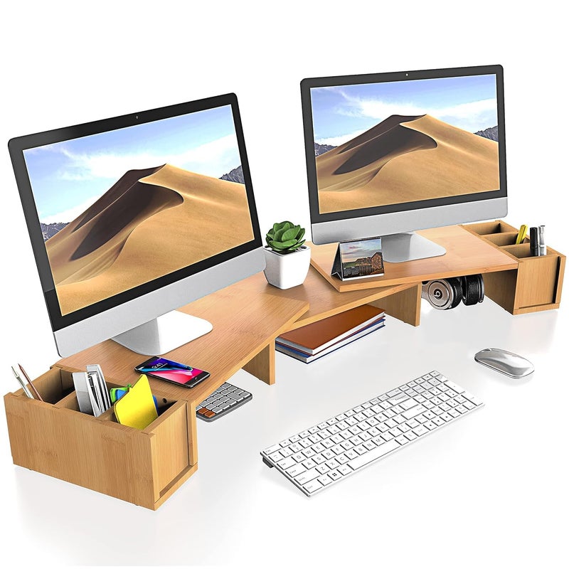 Matiko Dual Monitor Stand Bamboo Computer Laptop Stand with Storage Slot 3 Shelf Length and Angle Adjustable Desktop Organizer Stand for Computer Laptop Printer - Image 1