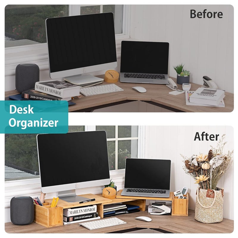 Matiko Dual Monitor Stand Bamboo Computer Laptop Stand with Storage Slot 3 Shelf Length and Angle Adjustable Desktop Organizer Stand for Computer Laptop Printer - Image 2