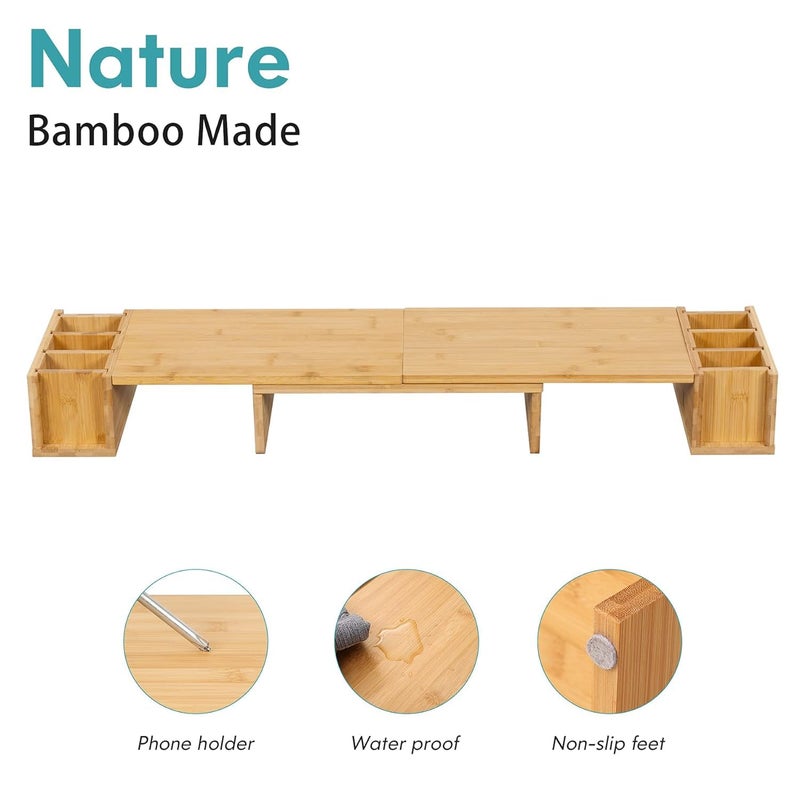 Matiko Dual Monitor Stand Bamboo Computer Laptop Stand with Storage Slot 3 Shelf Length and Angle Adjustable Desktop Organizer Stand for Computer Laptop Printer - Image 5