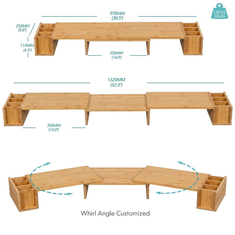 Matiko Dual Monitor Stand Bamboo Computer Laptop Stand with Storage Slot 3 Shelf Length and Angle Adjustable Desktop Organizer Stand for Computer Laptop Printer - Image 3