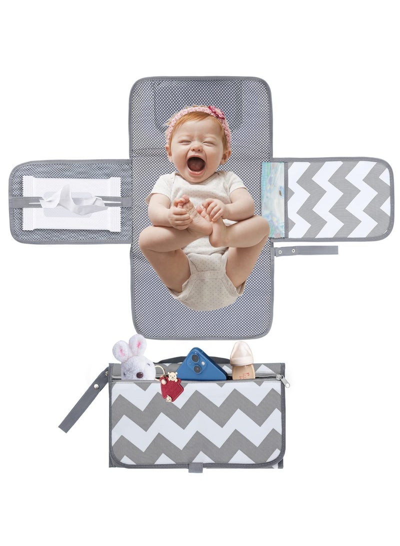 Portable Baby Diaper Changing Pad and Travel Bag, Waterproof Changing Mat for On-the-Go, Ideal Baby Shower Gift in Grey Wave - Image 1