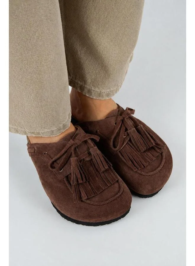Manijero  Valleria Women's Genuine Leather Fringed and Strappy Coffee Slippers. for Women | Best Price UAE